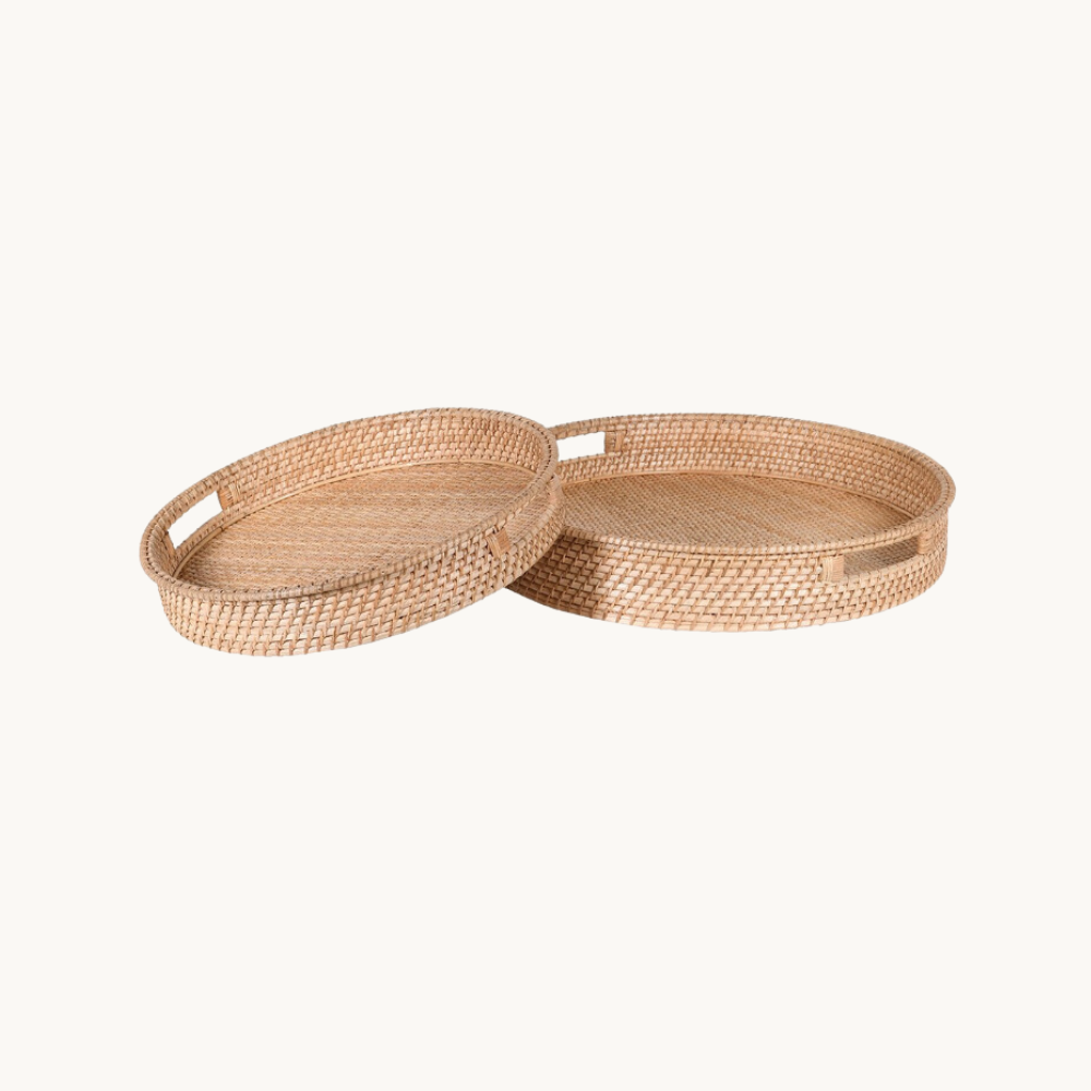 Set of 2 Round Rattan Trays