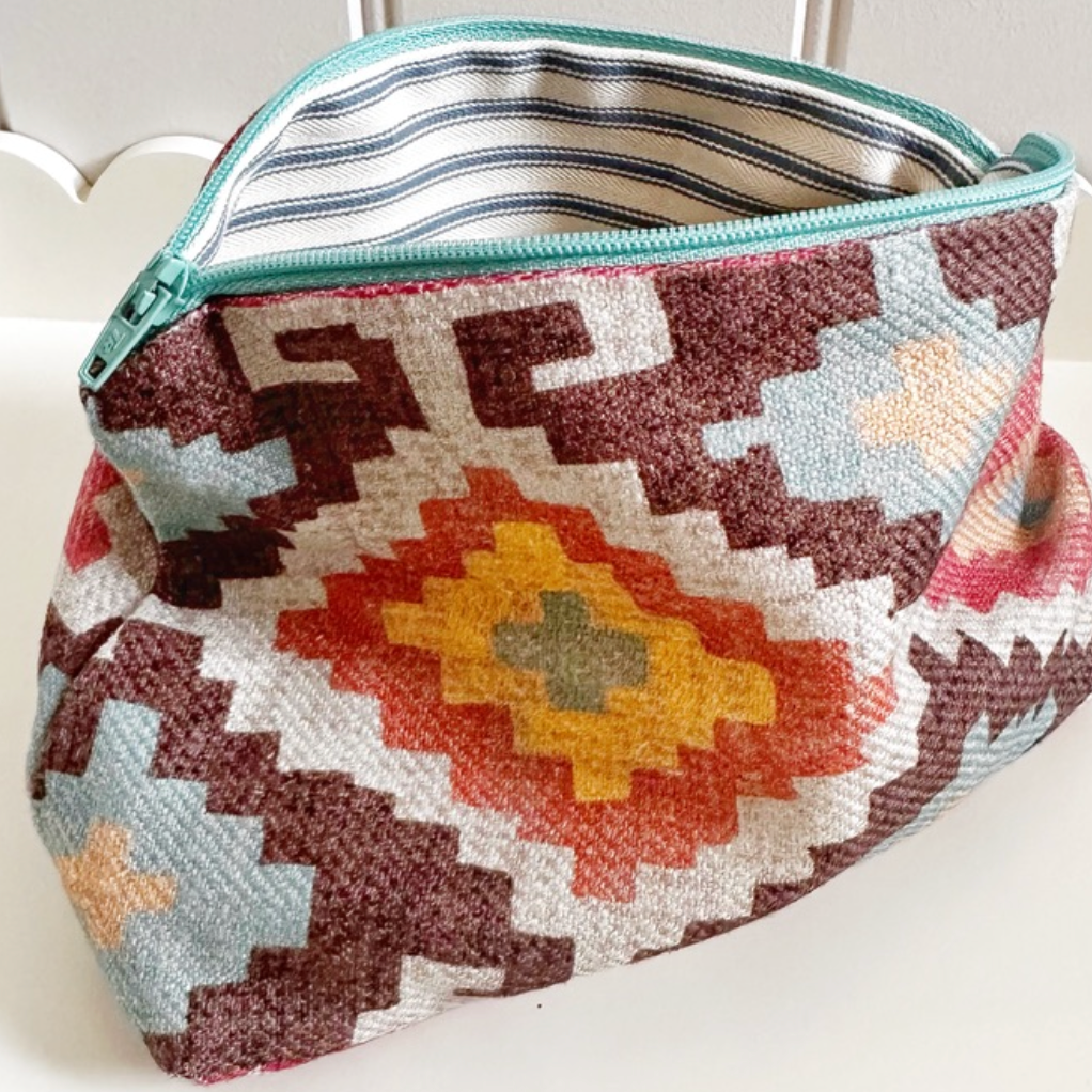 Colefax & Fowler Aztec & Stripe Lined Zip Pouch Make Up Bag