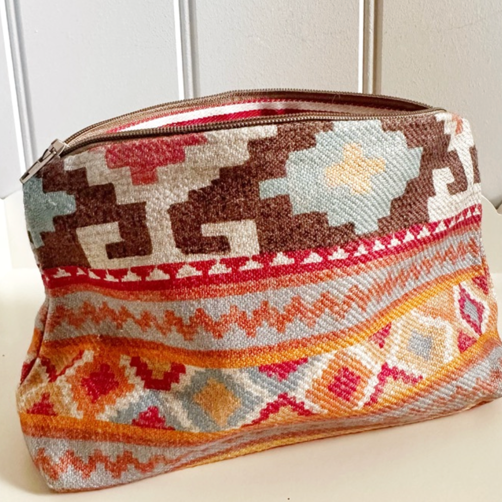 Colefax & Fowler Aztec & Stripe Lined Zip Pouch Make Up Bag