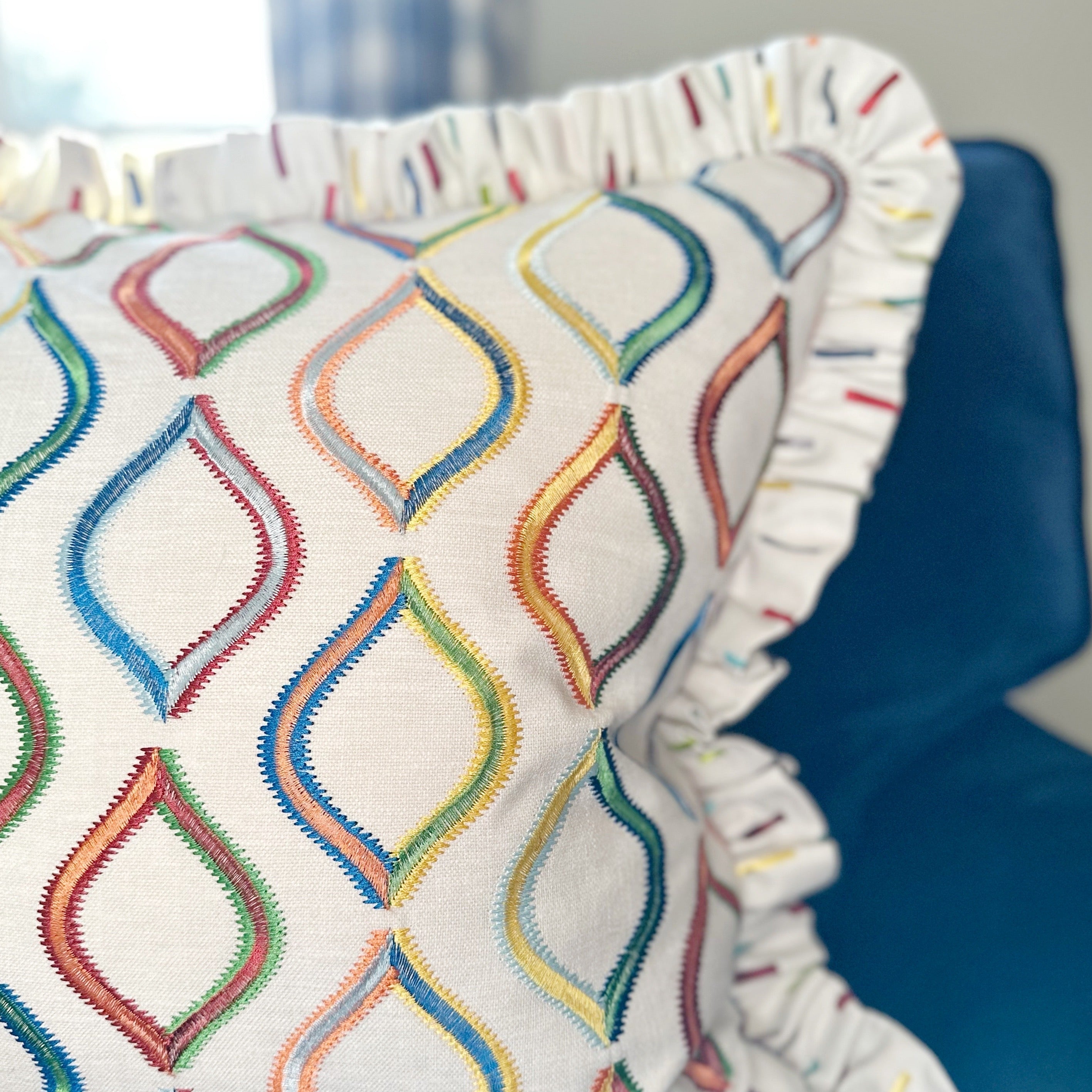 Multi embroidered cushion with ruffle
