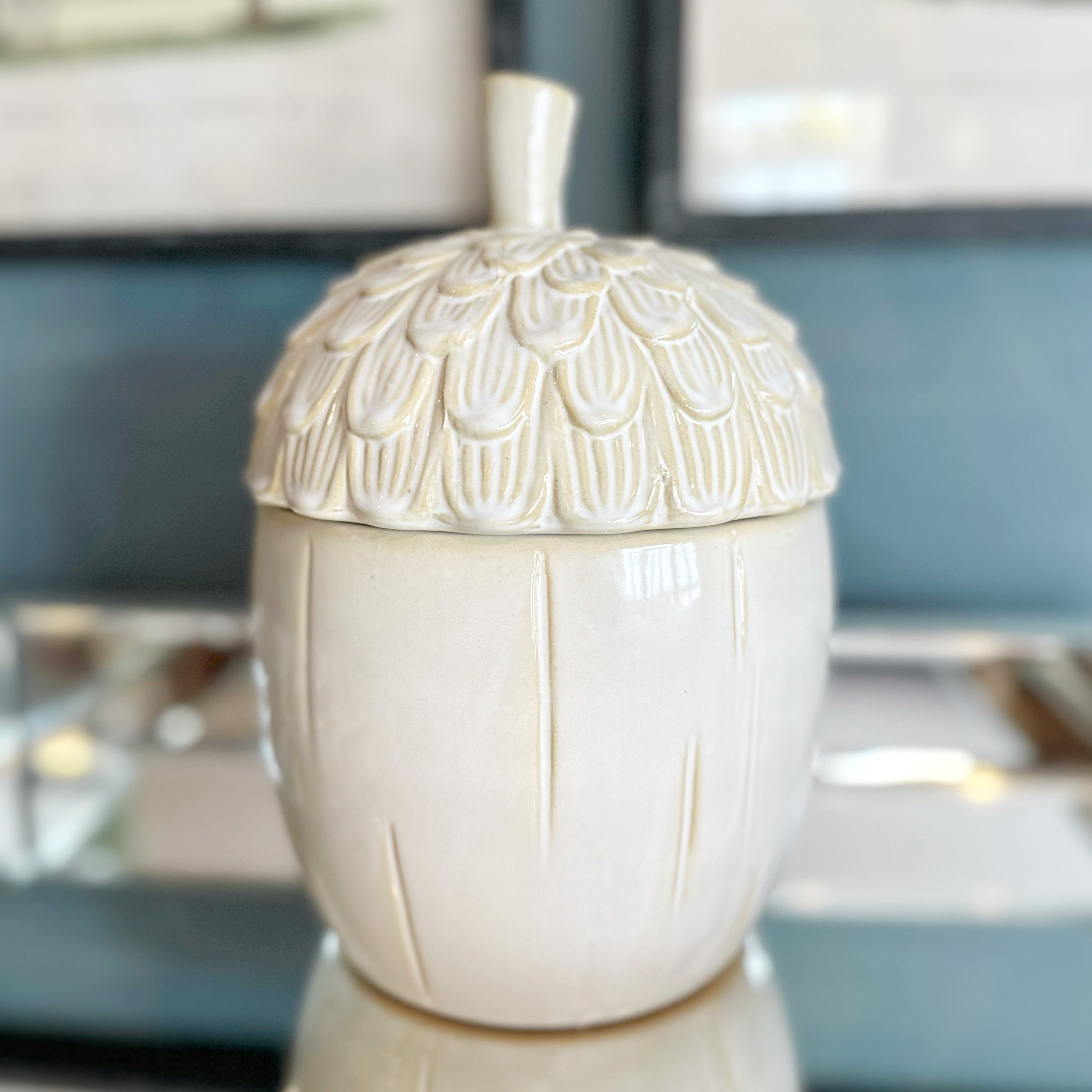 Off White Ceramic Acorn Lidded Jar