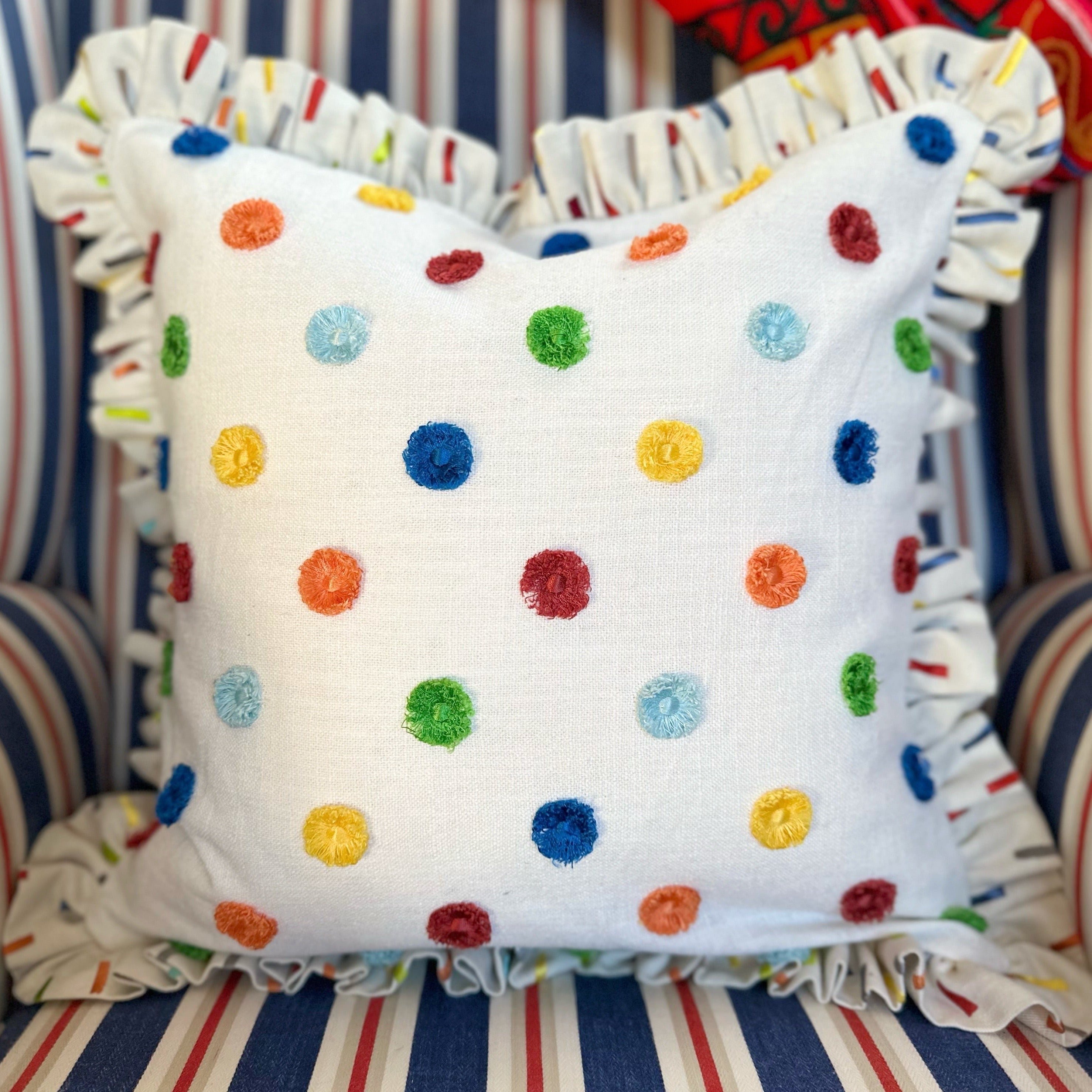 Multi pom cushion cover with ruffle