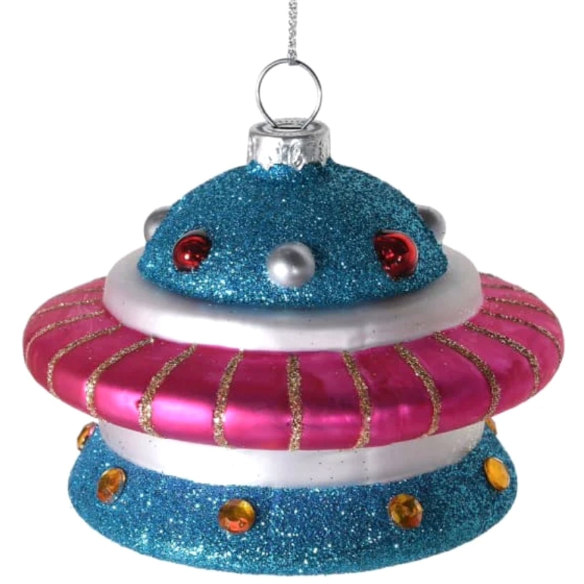 Glass Glitter Pink Turquoise Spaceship Bauble