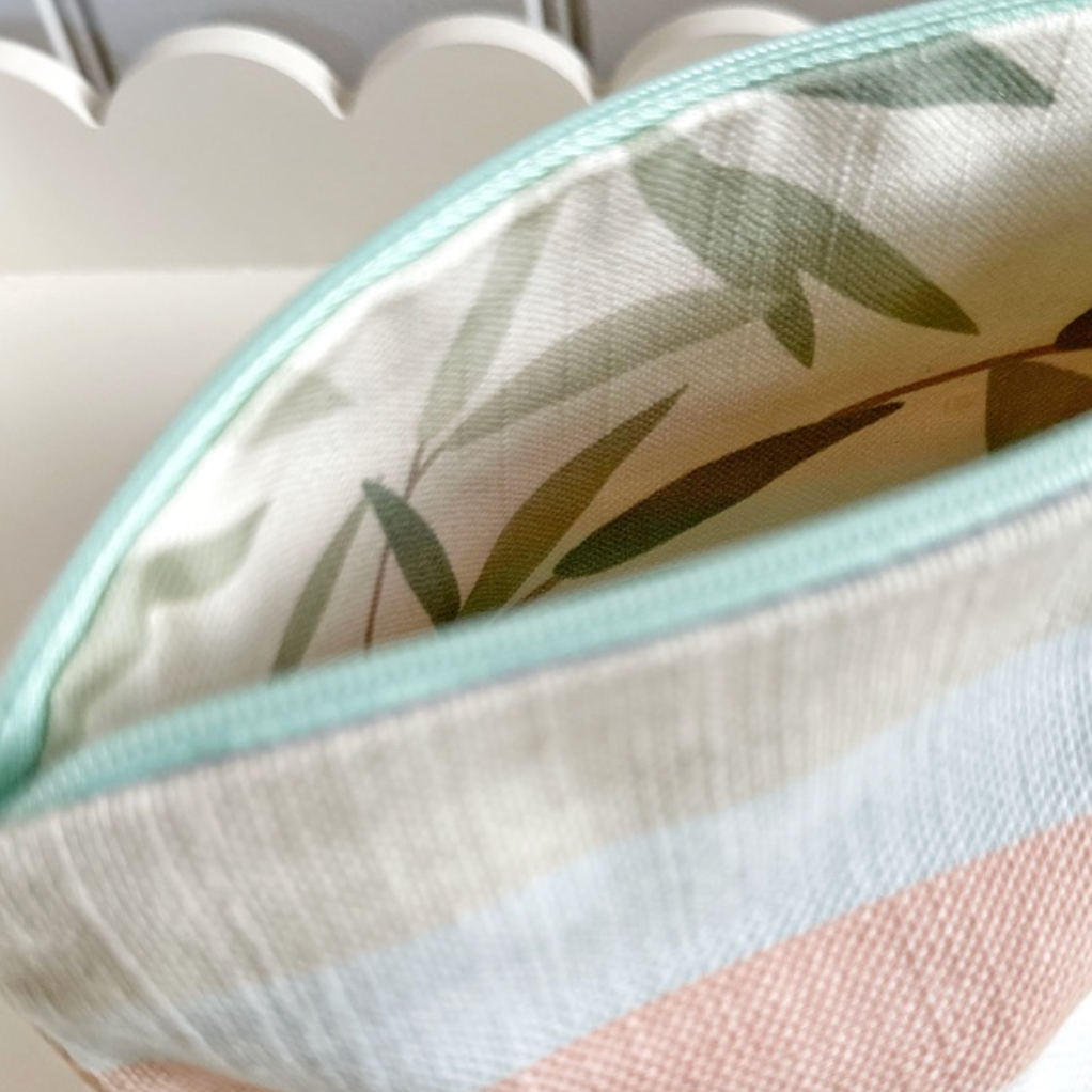 Large Multi Stripe & Leaf Fabric Lined Zip Pouch Make Up Bag