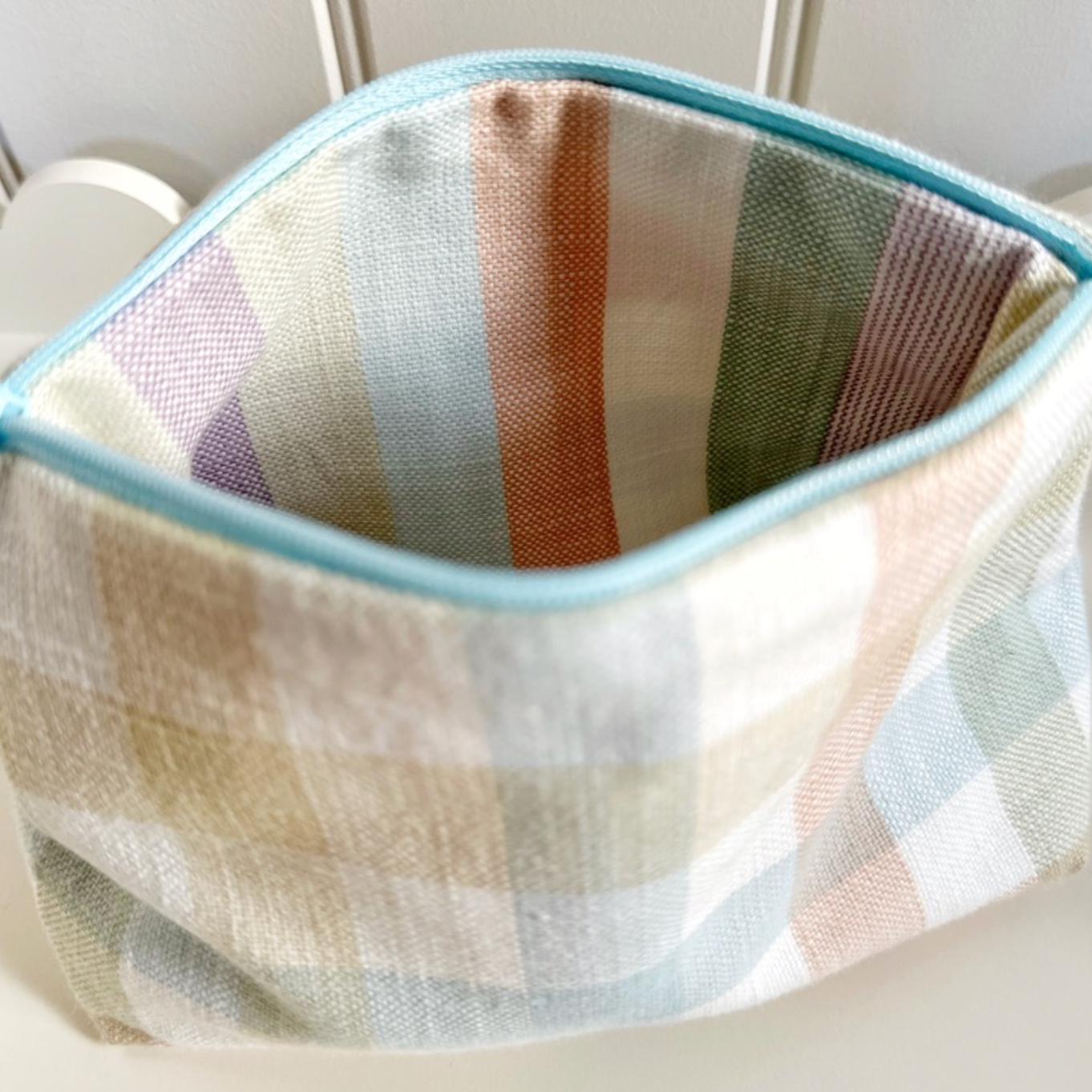 Multi Gingham & Stripe Lined Zip Pouch Make Up Bag