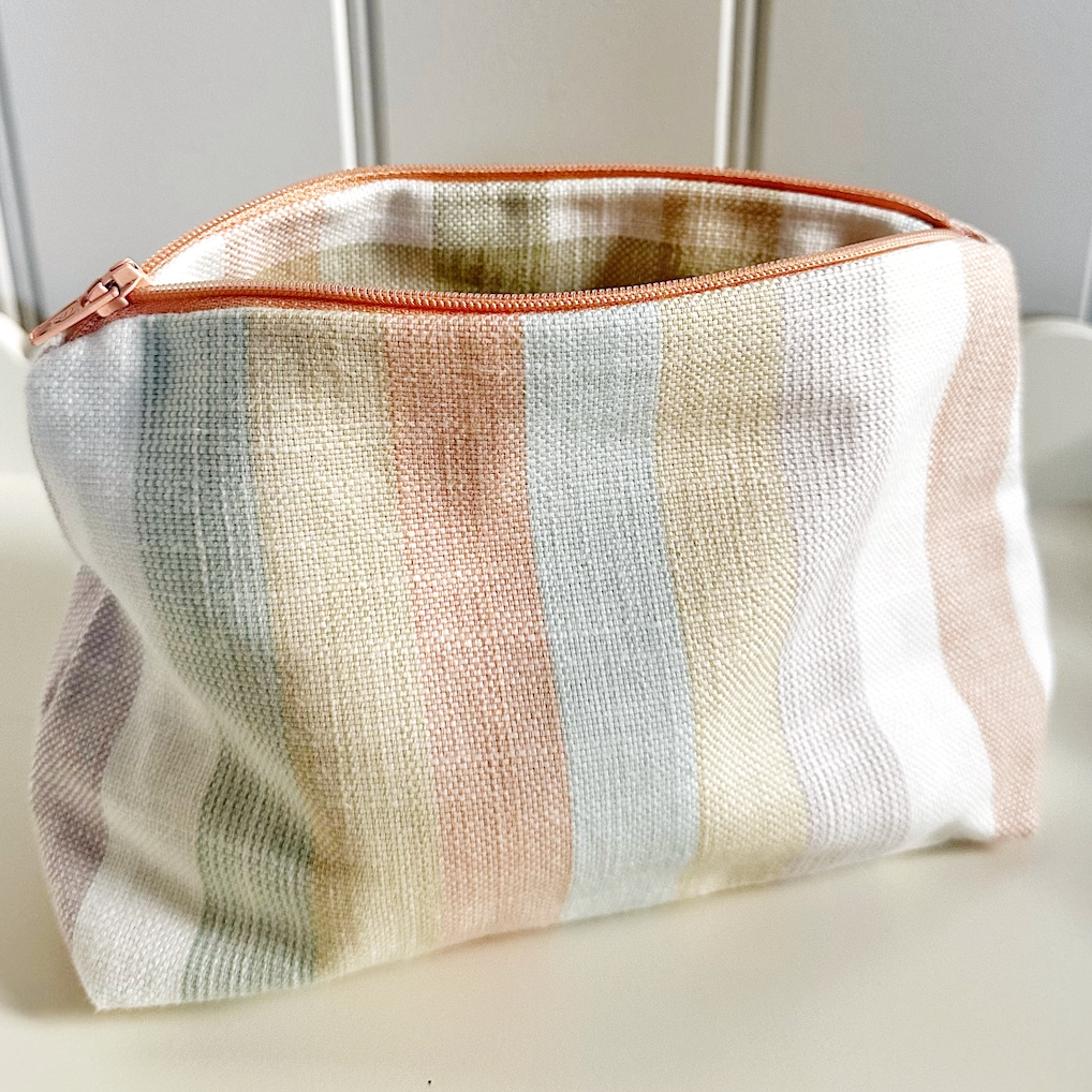 Large Multi Stripe & Gingham Lined Zip Pouch Make Up Bag