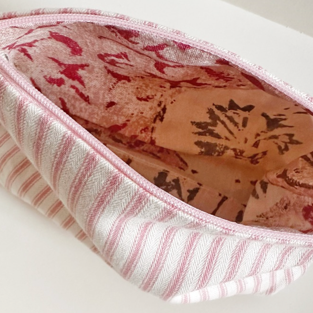 Pink Ticking & Penny Morrison Lined Zip Pouch Make Up Bag