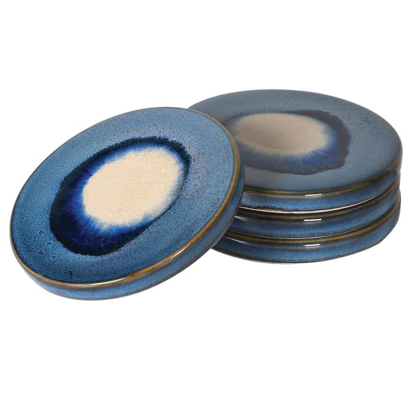 Set of 4 Reactive Glaze Ceramic Coasters – Blue & Ivory
