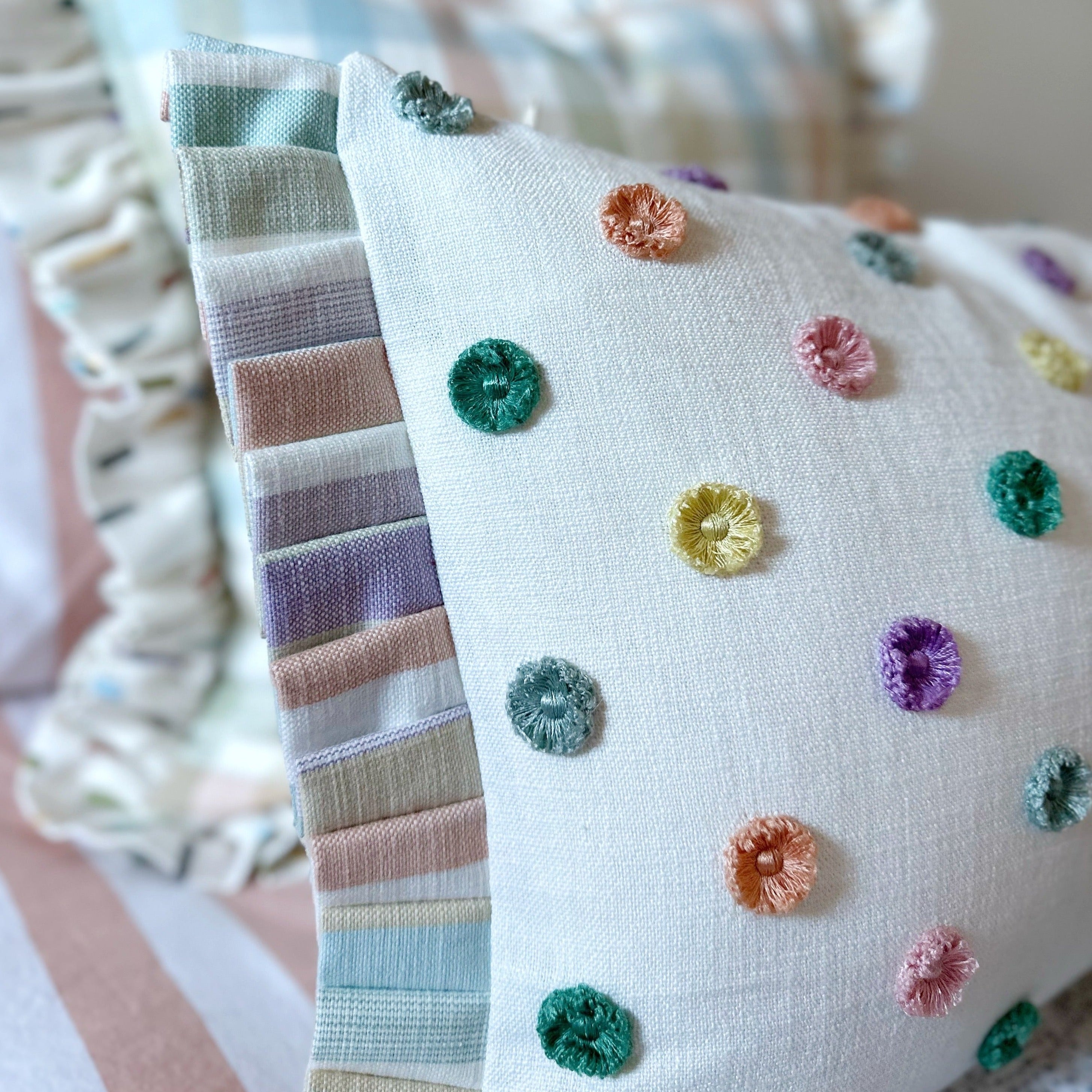 Multi pom cushion cover with ruffle