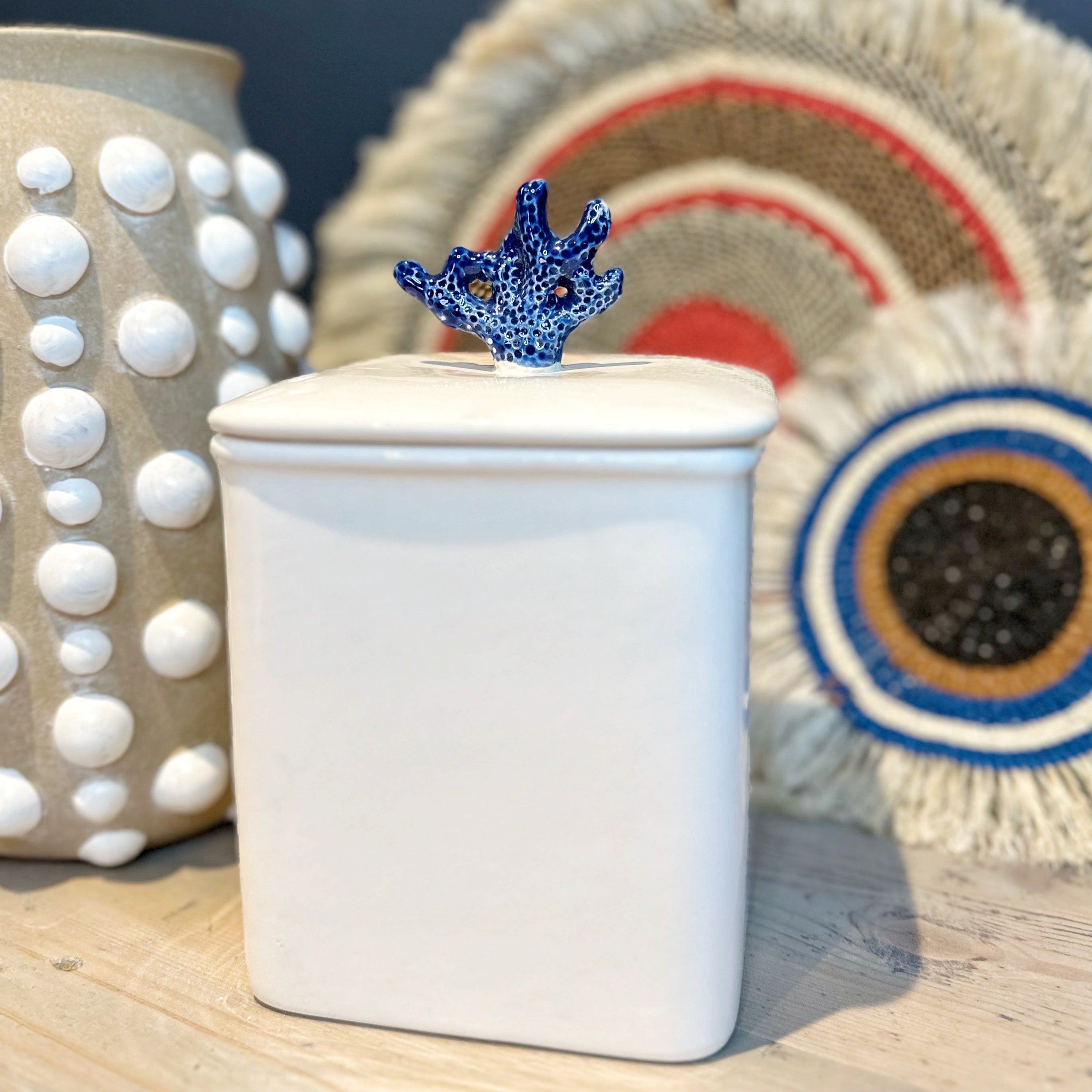White Lidded Jar with Blue Coral Top