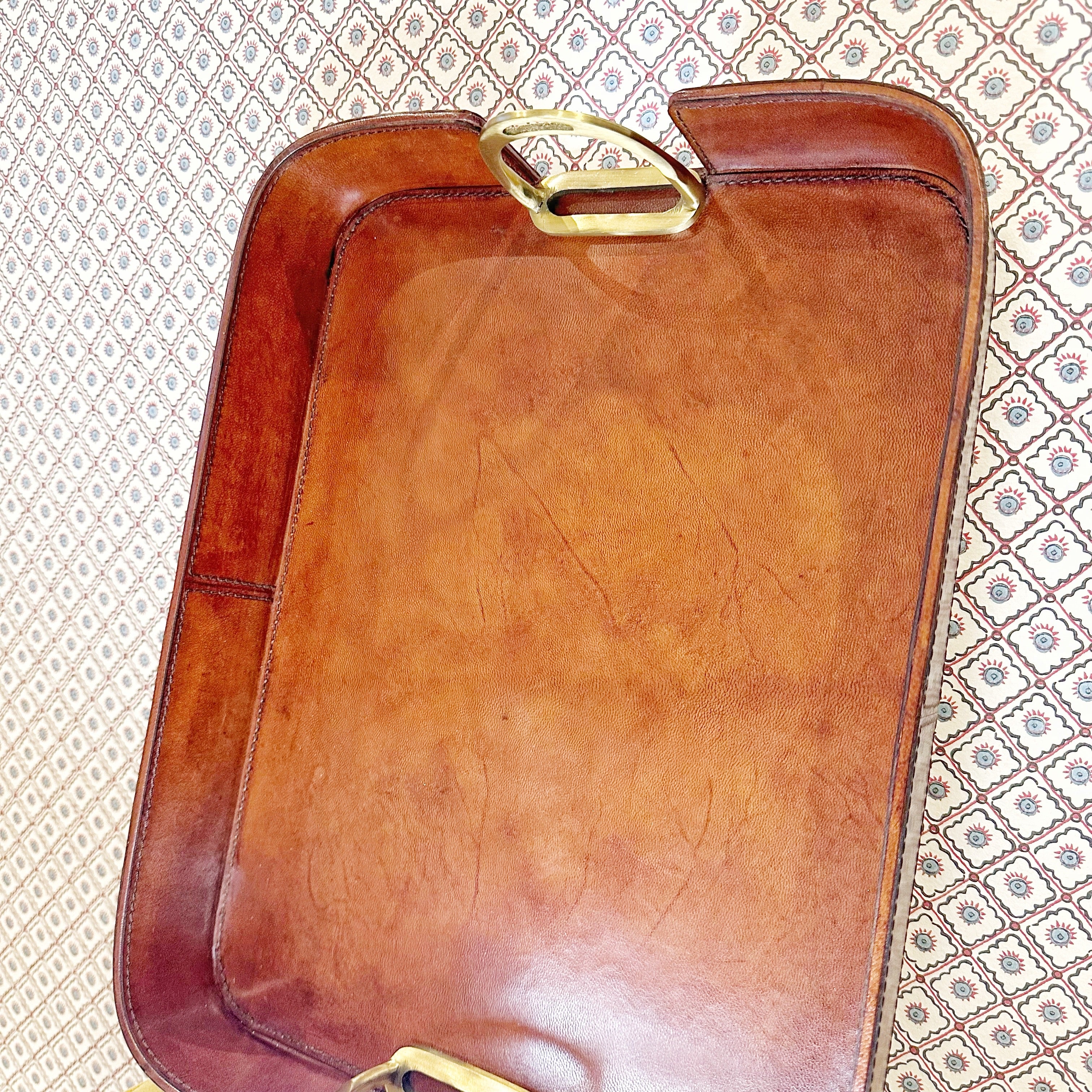 Rectangular Leather Tray with Stirrup Handles