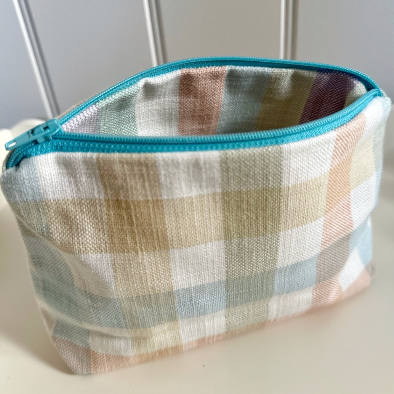 Large Multi Gingham & Stripe Lined Zip Pouch Make Up Bag