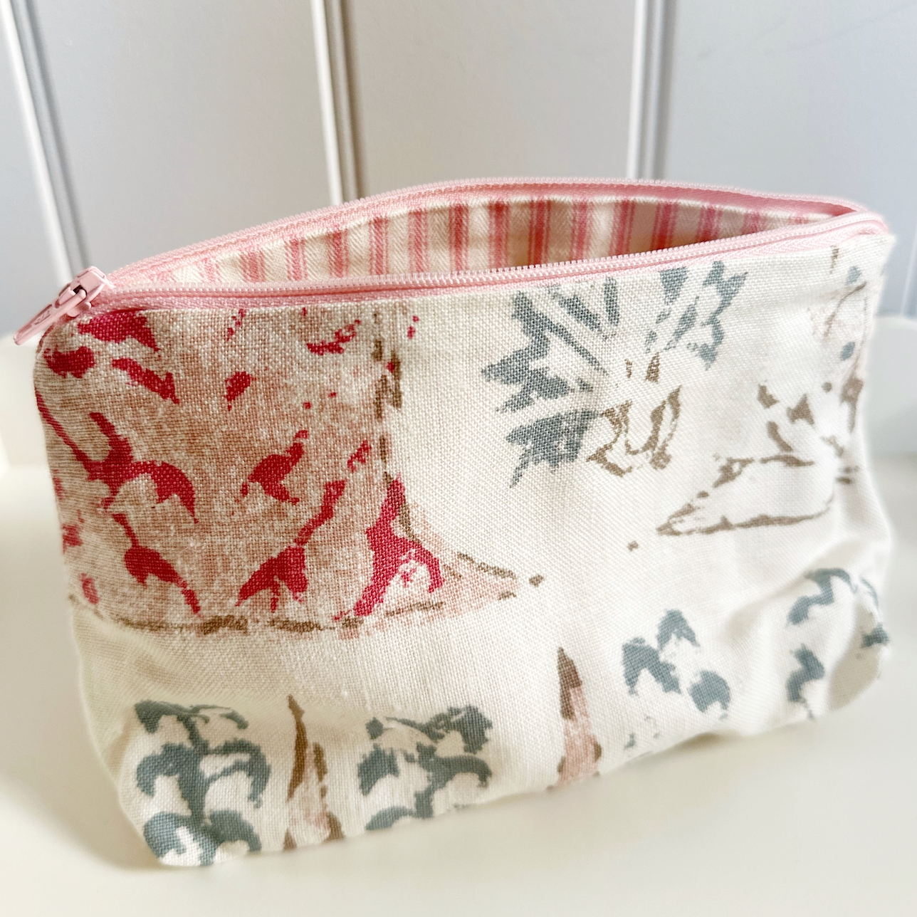 Penny Morrison & Pink Ticking Lined Zip Pouch Make Up Bag