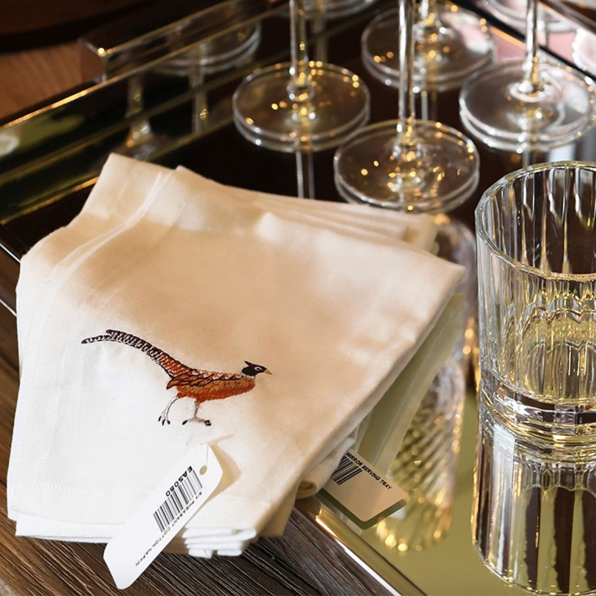 Set of 4 Cotton Embroidered Pheasant Napkins