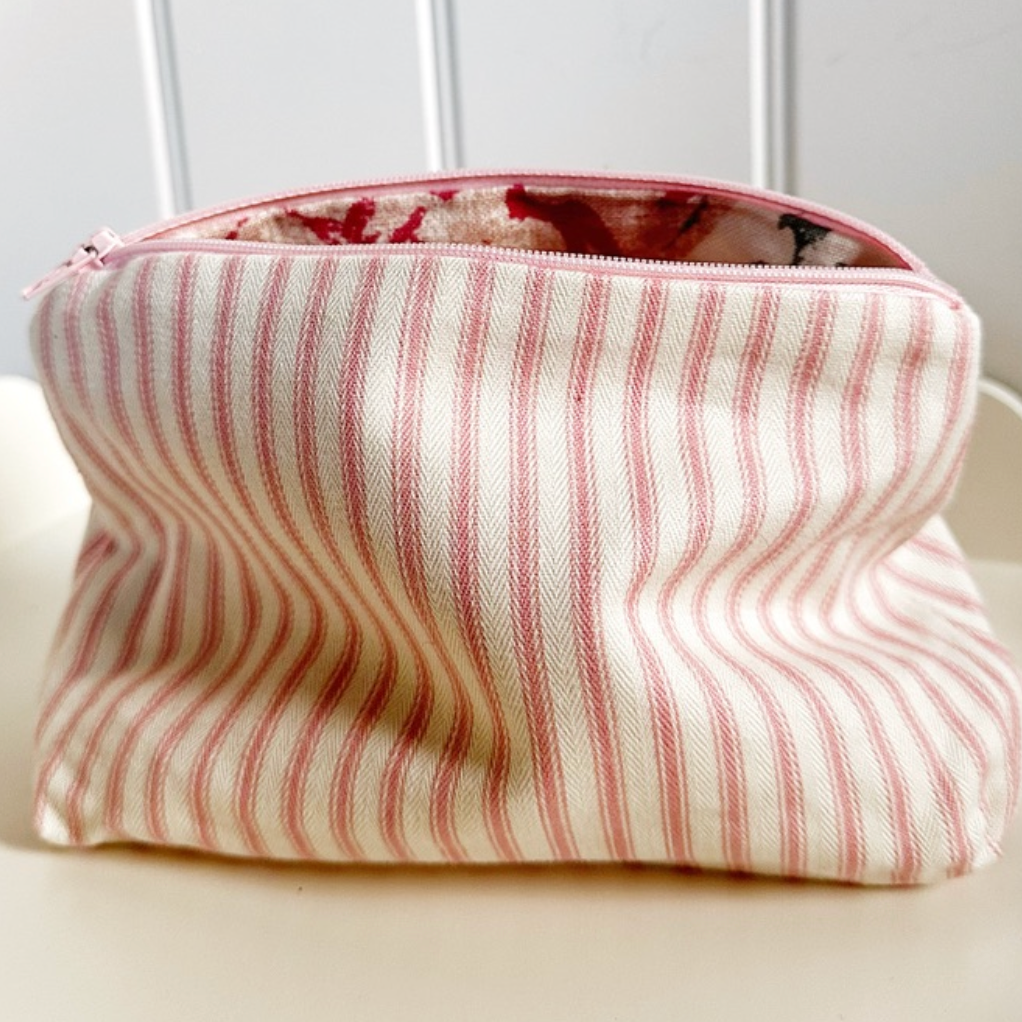 Pink Ticking & Penny Morrison Lined Zip Pouch Make Up Bag