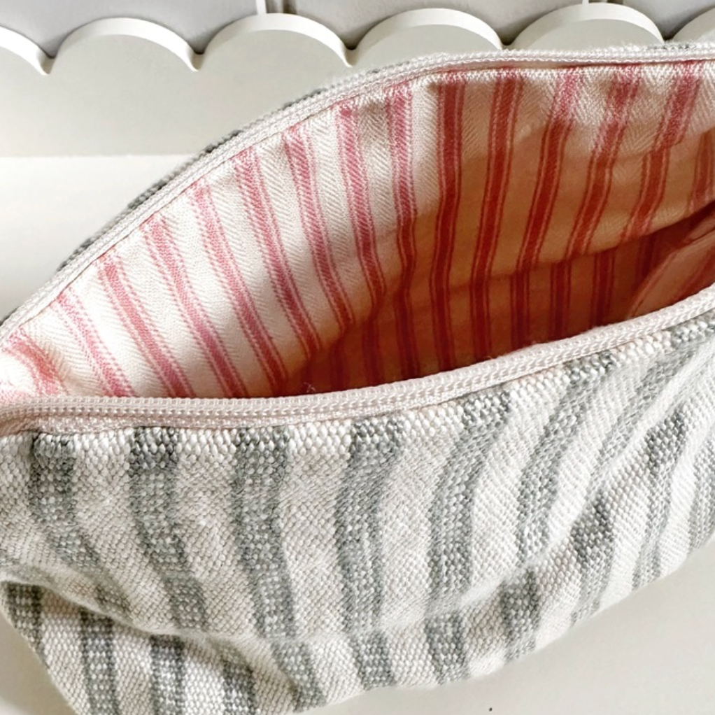 Colefax & Fowler Aqua Stripe & Pink Ticking Lined Zip Pouch Make Up Bag