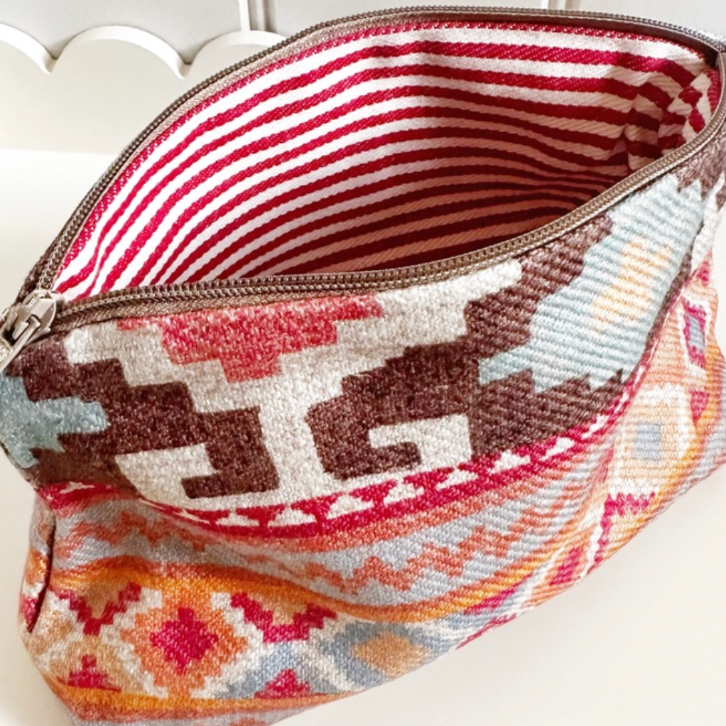 Colefax & Fowler Aztec & Stripe Lined Zip Pouch Make Up Bag