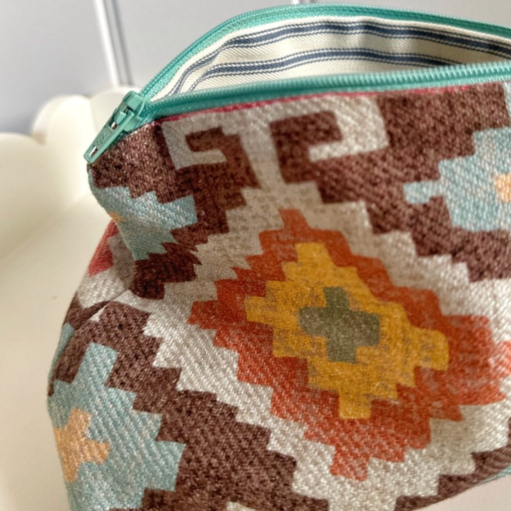 Colefax & Fowler Aztec & Stripe Lined Zip Pouch Make Up Bag