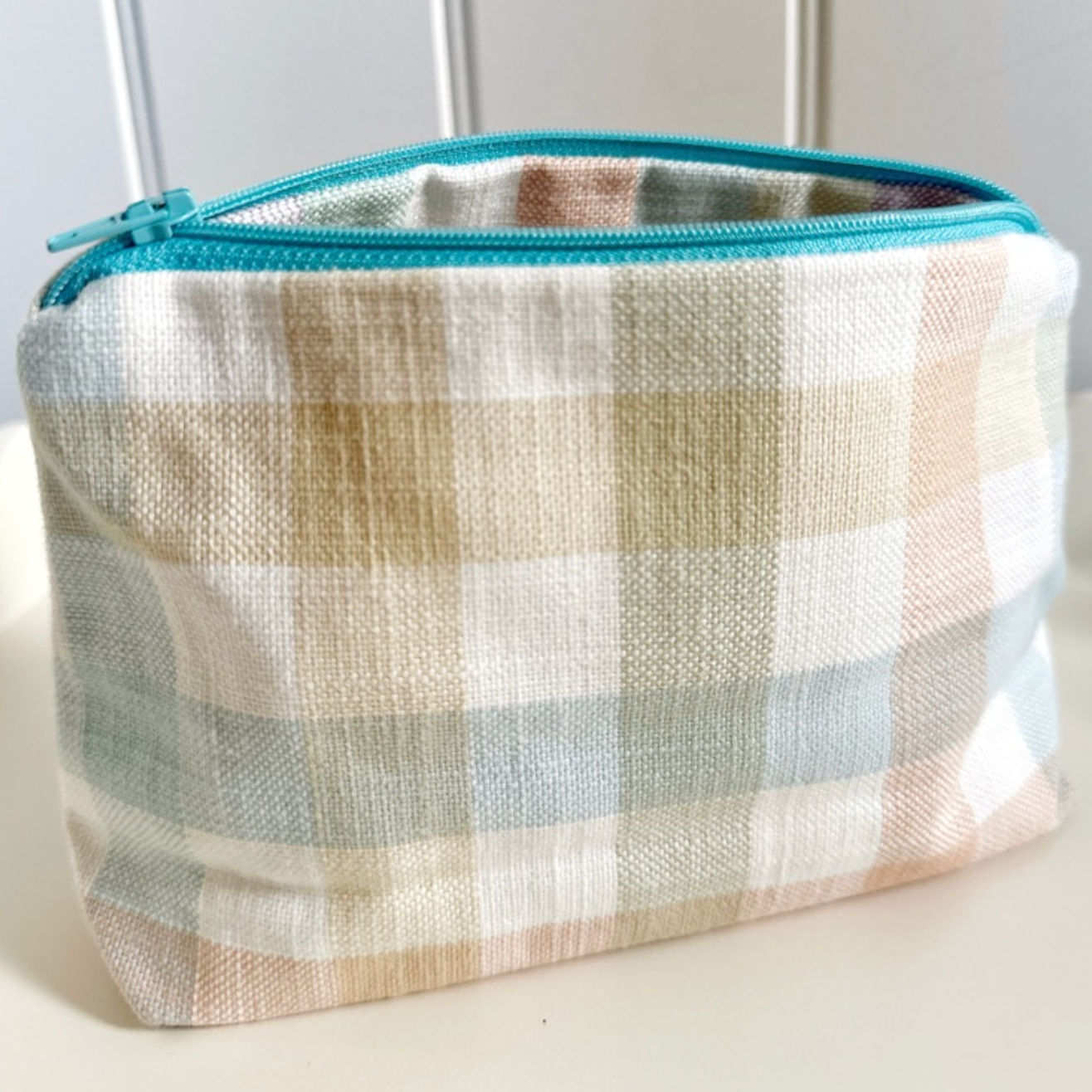 Large Multi Gingham & Stripe Lined Zip Pouch Make Up Bag