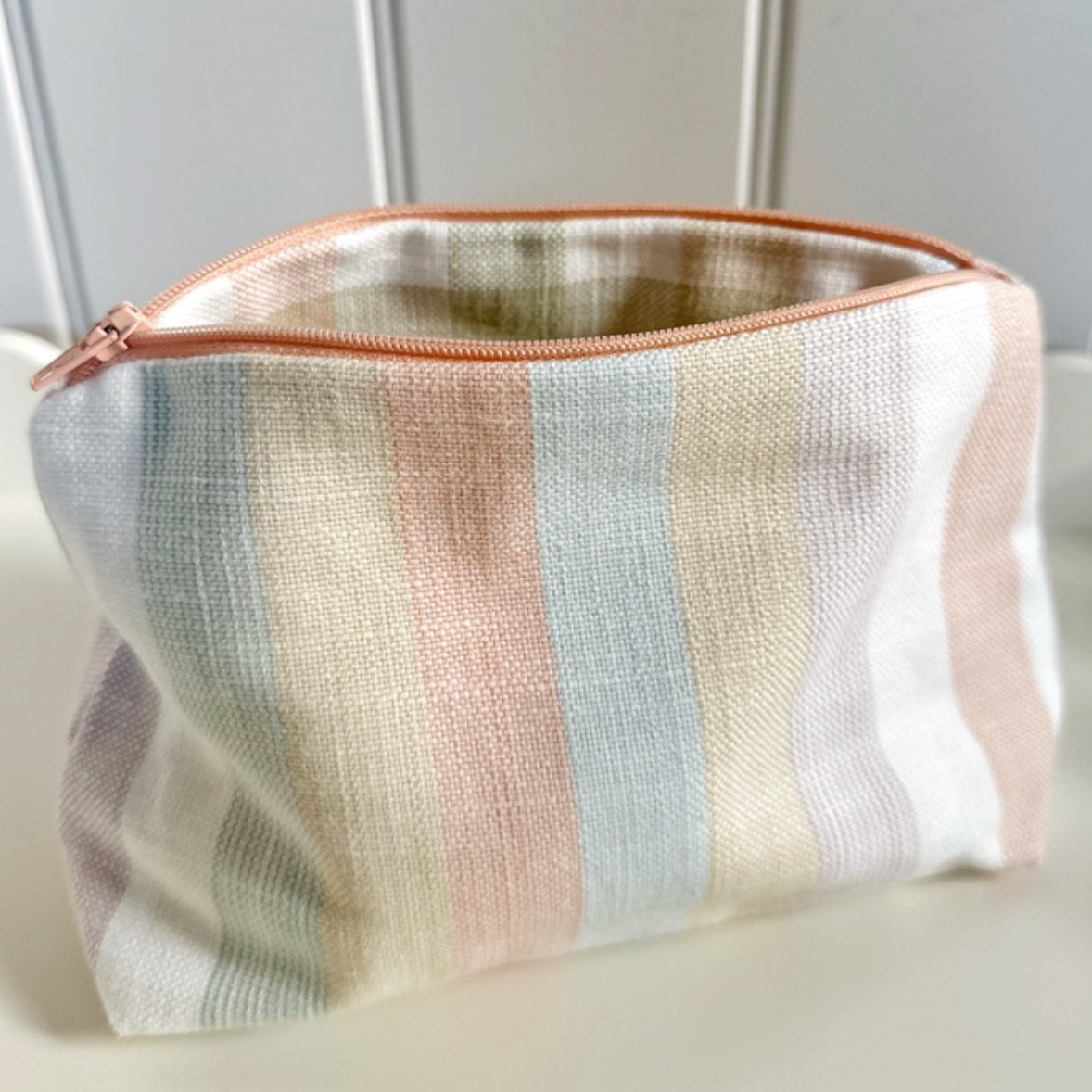 Large Multi Stripe & Gingham Lined Zip Pouch Make Up Bag