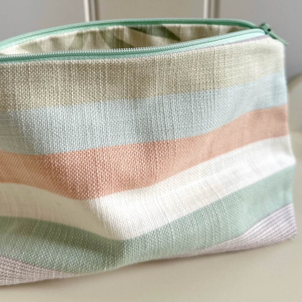 Large Multi Stripe & Leaf Fabric Lined Zip Pouch Make Up Bag