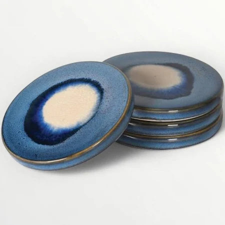 Set of 4 Reactive Glaze Ceramic Coasters – Blue & Ivory